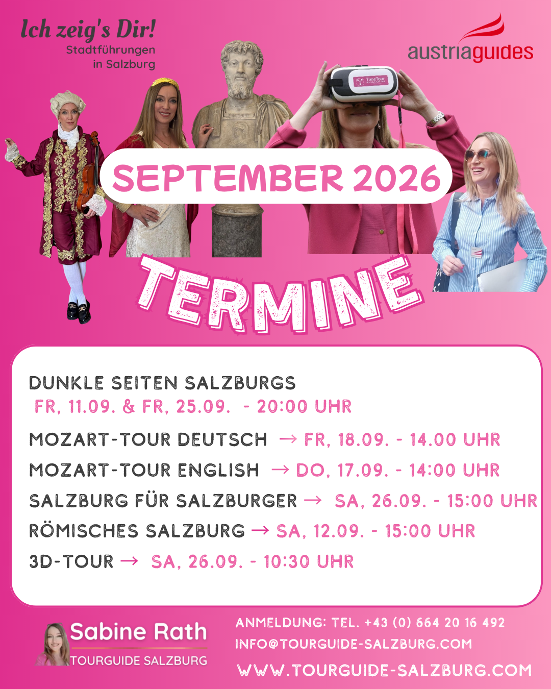 Terminübersicht September 2026 Stadtführungen Salzburg, Sabine Rath Tourguide mit Mozart-, Römer- und VR-Tour