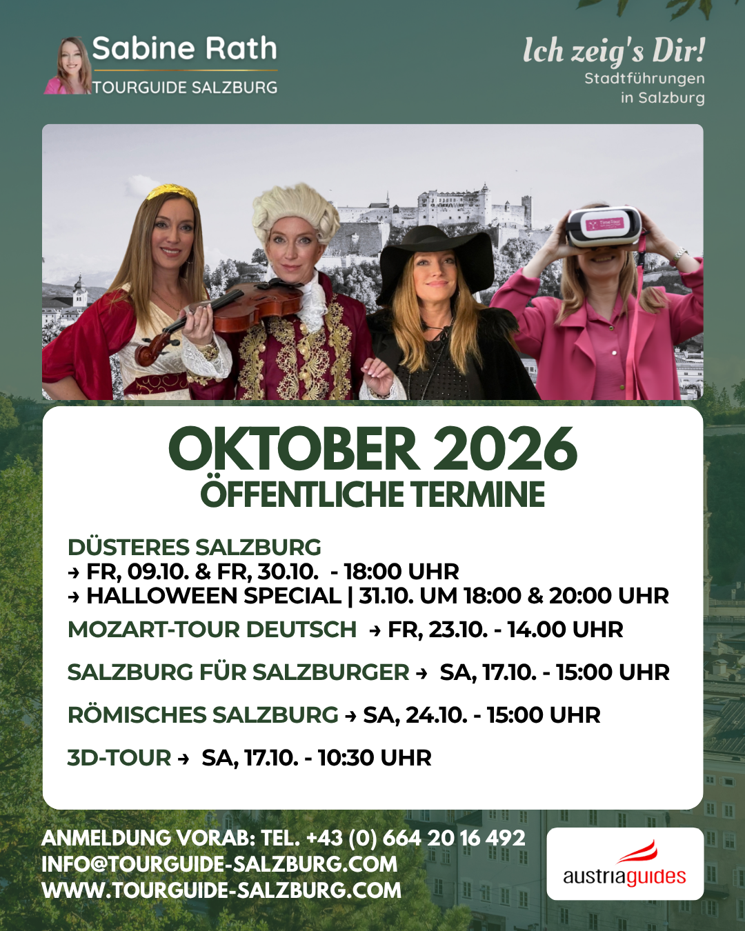 Terminübersicht Oktober 2026 Stadtführungen Salzburg, Sabine Rath Tourguide mit Mozart-, Römer- und VR-Tour